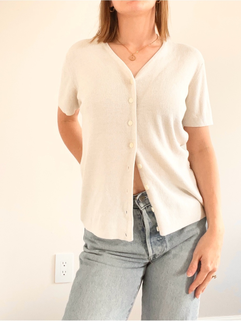 Vintage Express Cream Short-Sleeve Button Down Knit Top